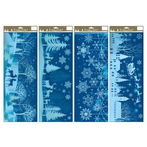 Weihnachtliche Fensterbilder, 4-fach sortiert in Blau-Weiß mit Wintermotiven wie Schneeflocken und Rentieren.