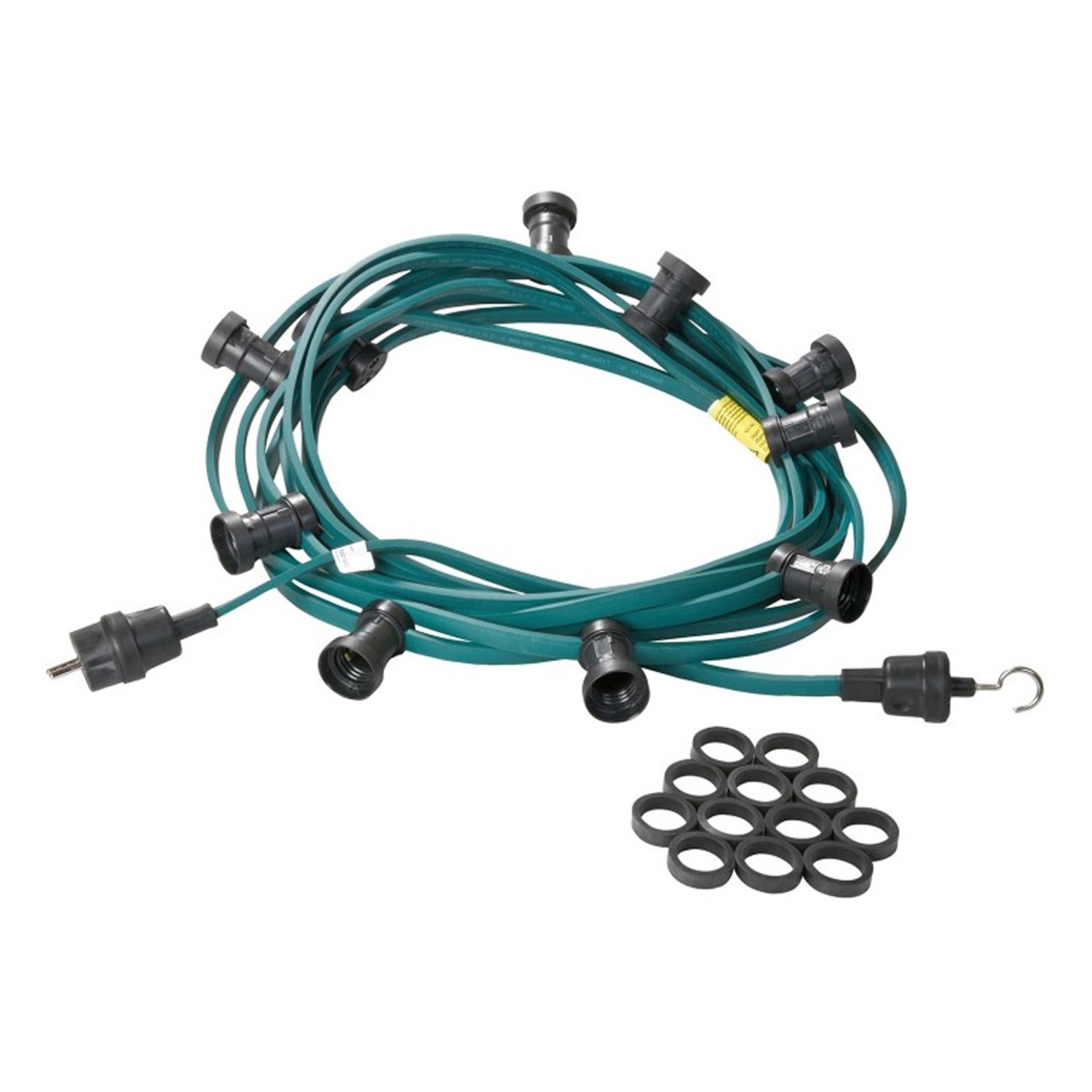 Grüne Satisfire Partylichterkette 20m mit schwarzen Fassungen und Dichtungsringen für den Außenbereich.