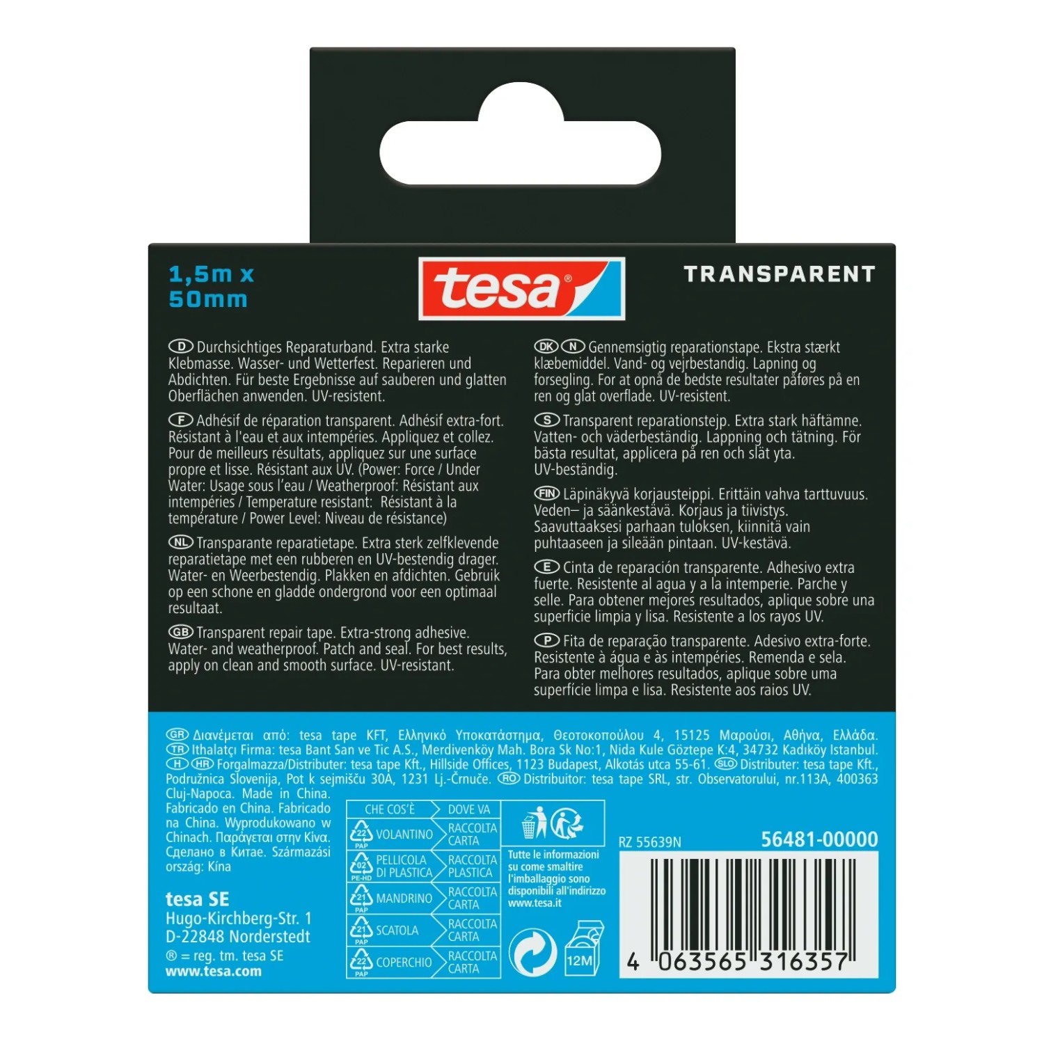 Tesa Ultra Power Under Water Reparaturband, 1,5m x 5cm, transparent, für Reparaturen unter Wasser.