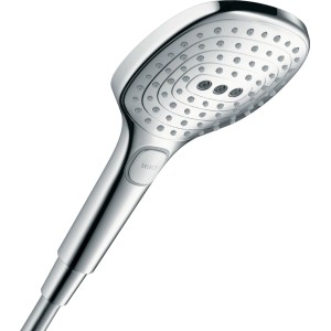 Hansgrohe Raindance Select E 120 3jet Handbrause in Chrom, mit Select-Knopf zur Strahlartenwahl.