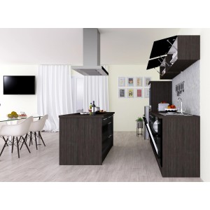 Respekta Premium Inselküche, 280 cm, Schwarz Hochglanz/Eiche Grau, mit Kochinsel und Elektrogeräten.