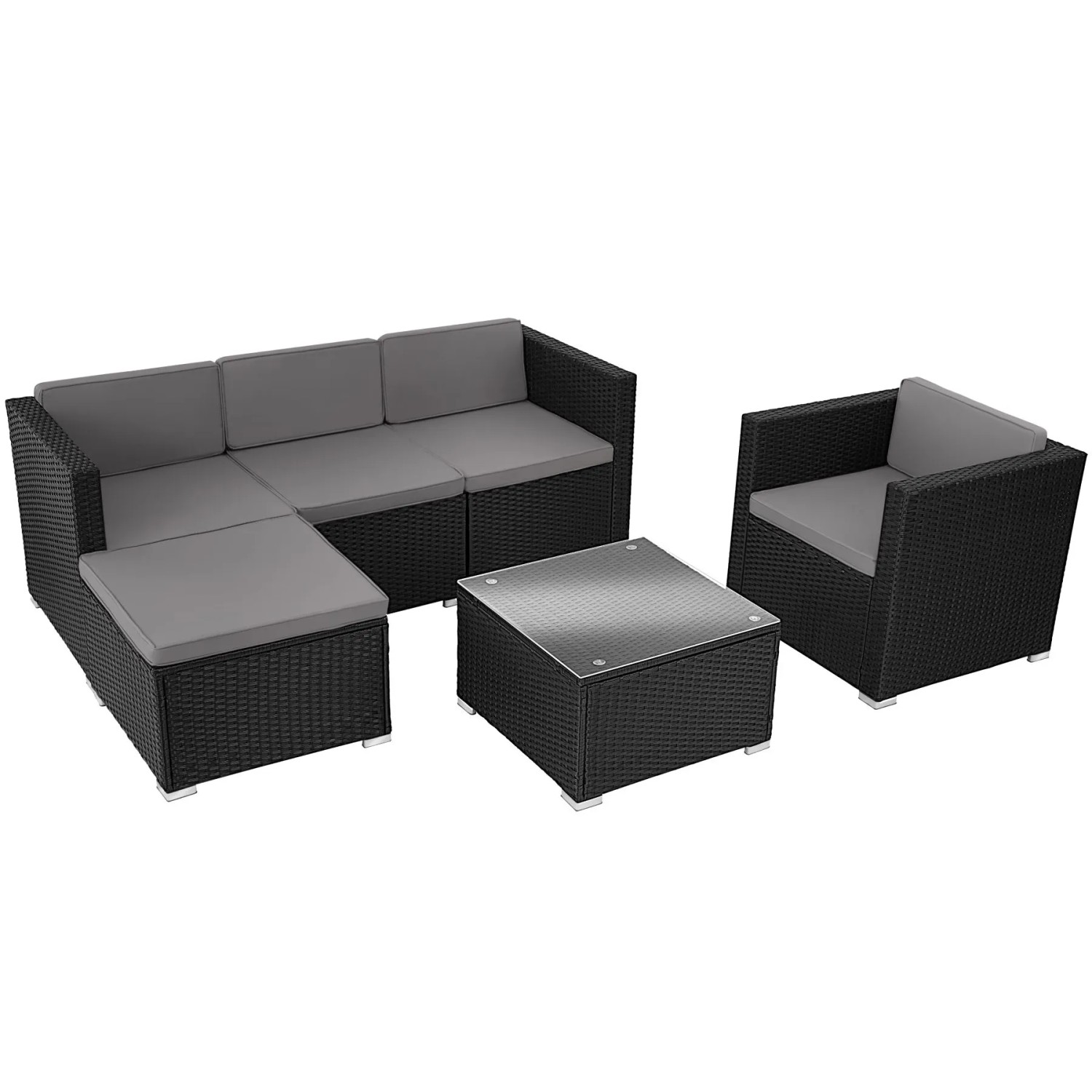 Tectake Rattan Lounge Lignano Für 4 Bis 5 Personen Widerstandsfähig  179 x 150 x 65 cm Schwarz