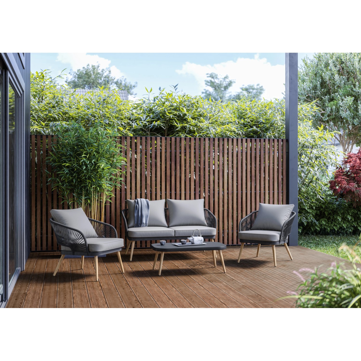 4-teiliges Lounge-Set Edna in Anthrazit mit Seilbespannung und beigen Auflagen für Garten oder Terrasse.