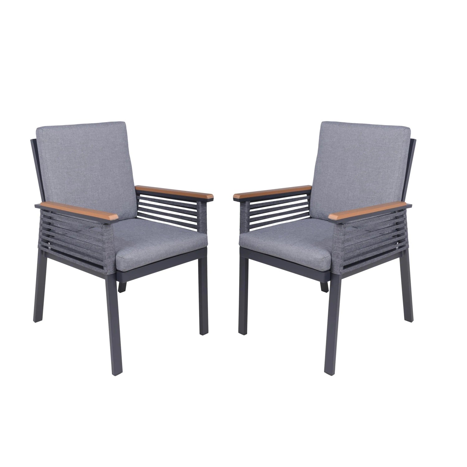 DELUKE Gartenstuhl 2er Set JASPER Aluminium Seilbespannung Dunkelgrau Gartenstühle Wetterfest Essstühle Outdoor Terrasse