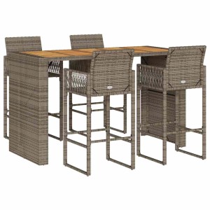 vidaXL 5-tlg. Gartenbar-Set grau, Rattan und Akazie. Bar-Tisch mit 4 Barhockern für Garten oder Terrasse.