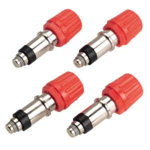 4er-Set Dunlop Patentventile mit roten Schraubkappen für Fahrradreifen.