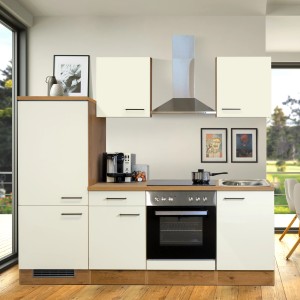 Flex-Well Küchenzeile Vintea 220 cm, Magnolia/Eiche, mit Herd, Kühlschrank und Dunstabzugshaube.