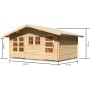 Karibu Holz-Gartenhaus Normes, unbehandelt, mit Satteldach und Maßangaben.