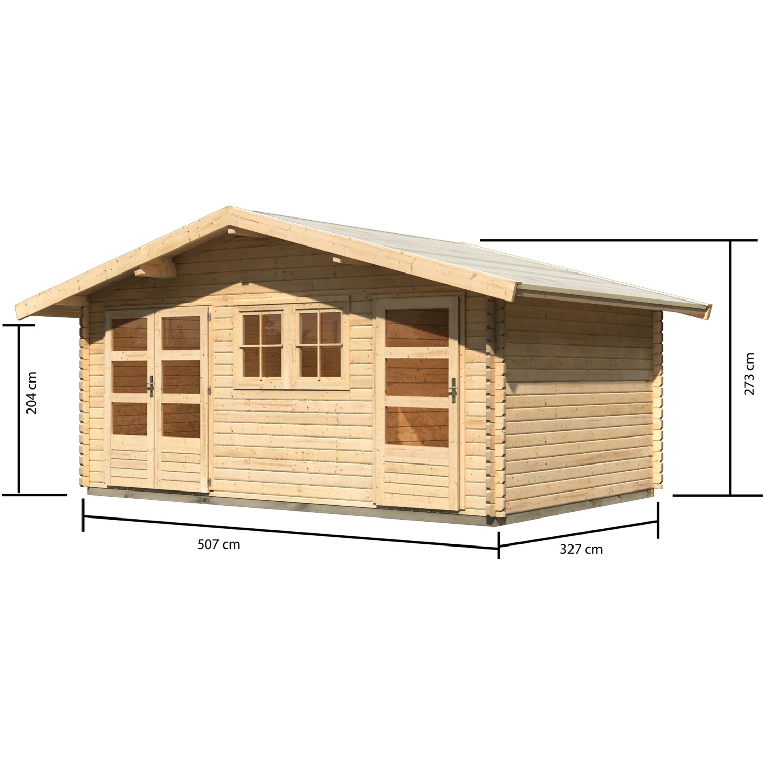 Karibu Holz-Gartenhaus Normes, unbehandelt, mit Satteldach und Maßangaben.