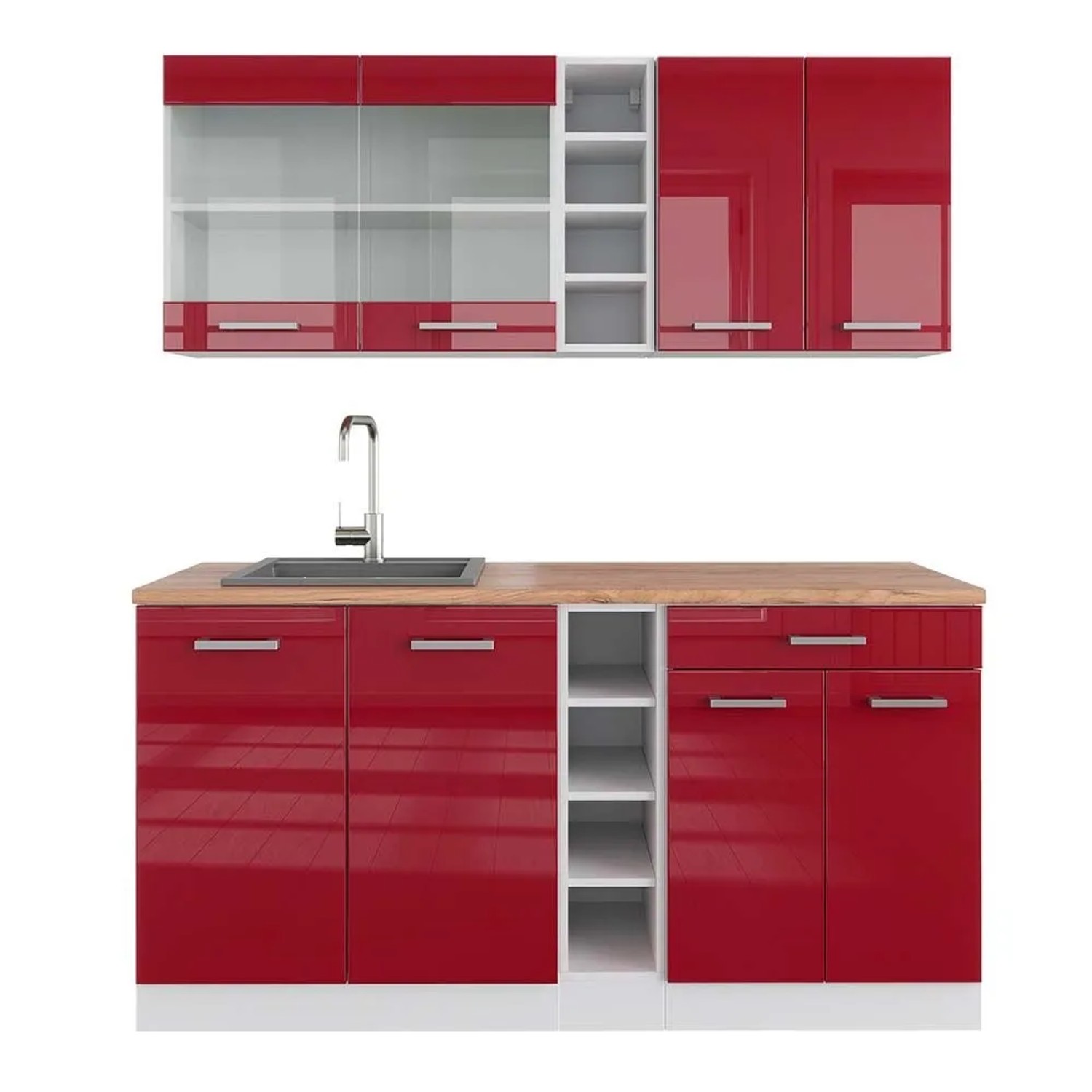 Vicco R-Line Singleküche Bordeaux Hochglanz Weiß 160 cm AP Eiche ohne E-Geräte