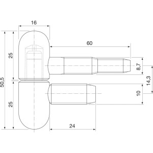 Technische Zeichnung Sfs Stahlzargenband 2-teilig, ø 16 mm, 50,5 mm Höhe, Rundkopf, matt vernickelt. Maße für Türzubehör.