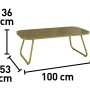 Esstisch des 4-tlg. Lounge-Sets Scafford in Oliv mit Glasplatte und Aluminiumgestell. Abmessungen sind auf dem Bild.