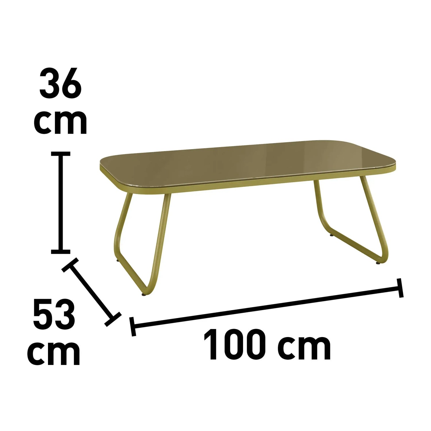 Esstisch des 4-tlg. Lounge-Sets Scafford in Oliv mit Glasplatte und Aluminiumgestell. Abmessungen sind auf dem Bild.