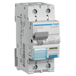 Hager Fehlerstrom-Leitungsschutzschalter B-13A, 30mA, Typ A. Schutzschalter mit blauer Testtaste.