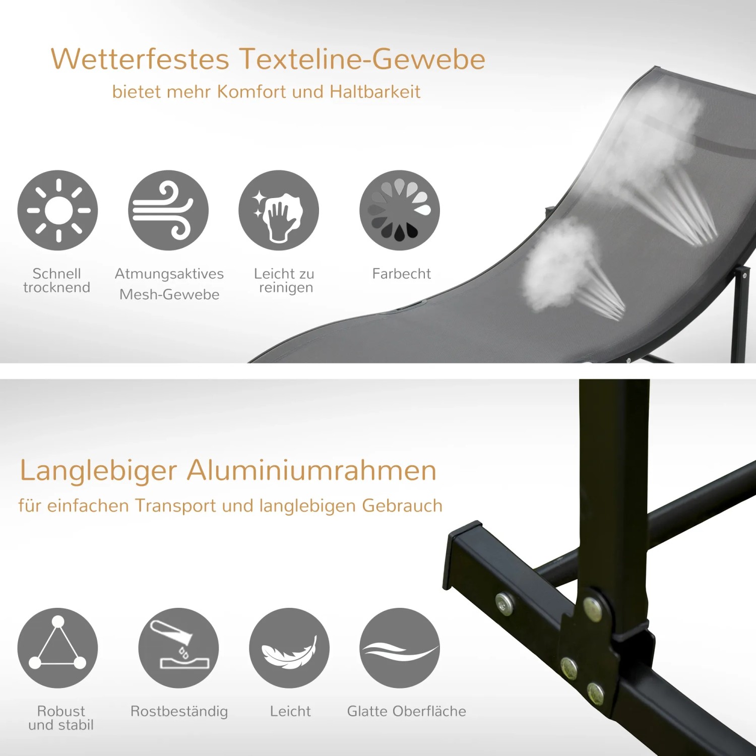 Outsunny Sonnenliegen 2er-Set, dunkelgraue Gartenliegen mit Textilbezug und Alu-Rahmen.