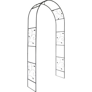 Schwarzer Rosenbogen aus Metall mit Blattmuster, 228 cm hoch, zur Nutzung als Rankhilfe.