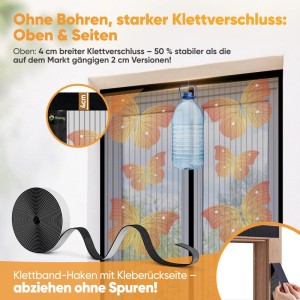 Magnetisches Fliegengitter für Balkontür mit Schmetterlingen. Stabile 4cm Klettverschluss-Montage ohne Bohren.