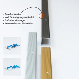Dalsys Treppenkantenprofile aus eloxiertem Aluminium in Champagner, Grau, Anthrazit. Inkl. Befestigungsmaterial für Laminat & Parkett.