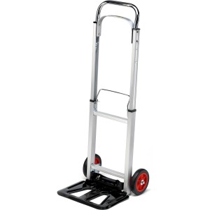 Zusammenklappbare Transportkarre aus Aluminium, max. 90 kg Tragkraft, mit roten Rädern.