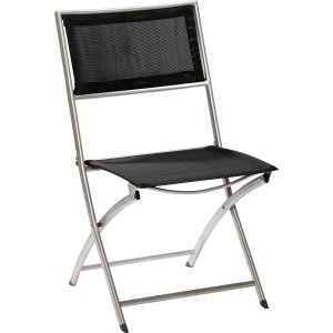 Schwarzer Klappstuhl Suriname ohne Armlehnen mit Stahlrahmen und Textilbespannung.