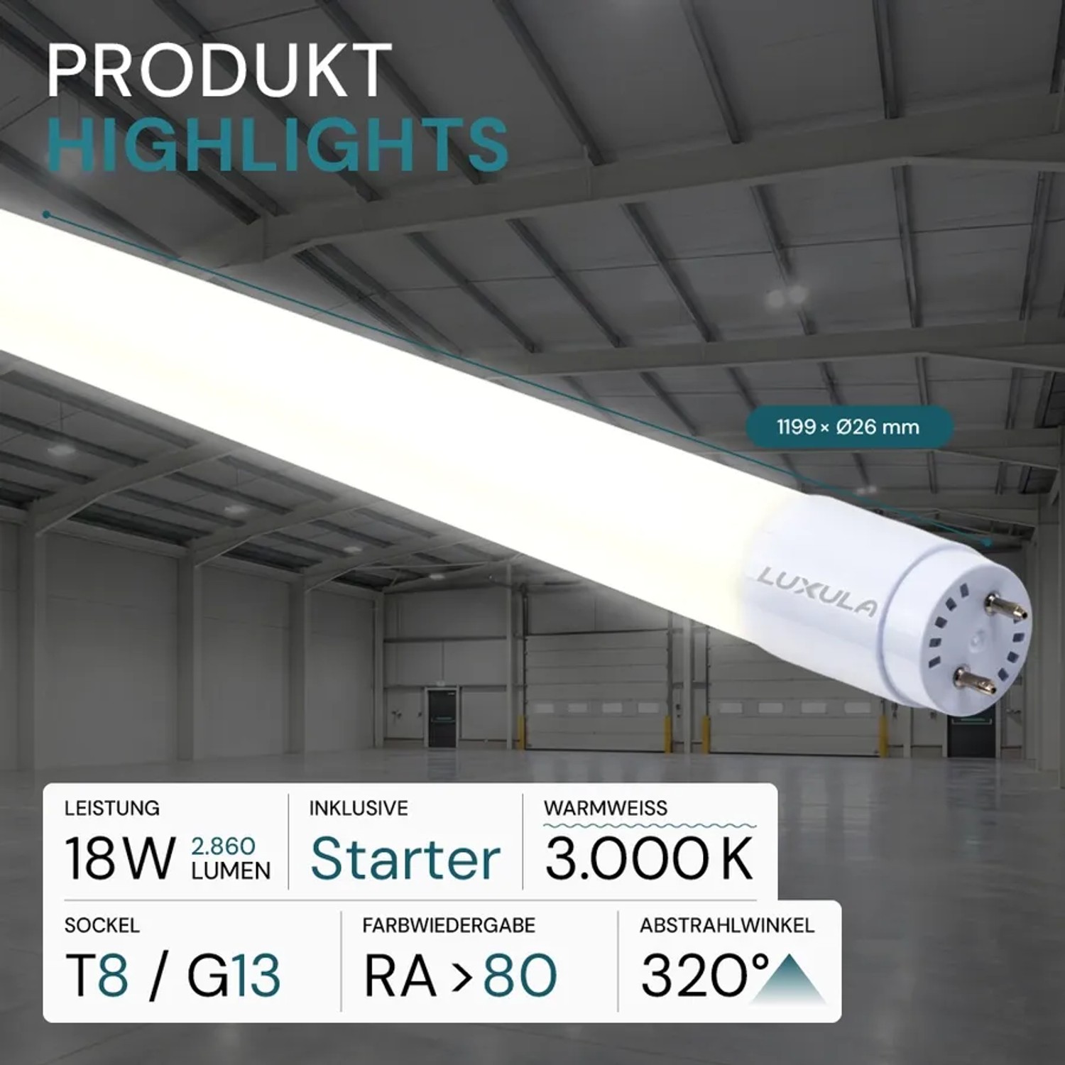 LUXULA Profi LED T8 Röhre 120cm 18W 2860lm Warmweiß 3000K 160lm/W Hoch-Effizient Leuchtstoffröhre inkl. Starter Nano-Kunststoff_2