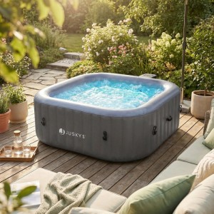 Grauer Juskys SpaLuxe aufblasbarer Whirlpool mit blauem Sprudelwasser auf Holzterrasse im Garten. Entspannung pur.