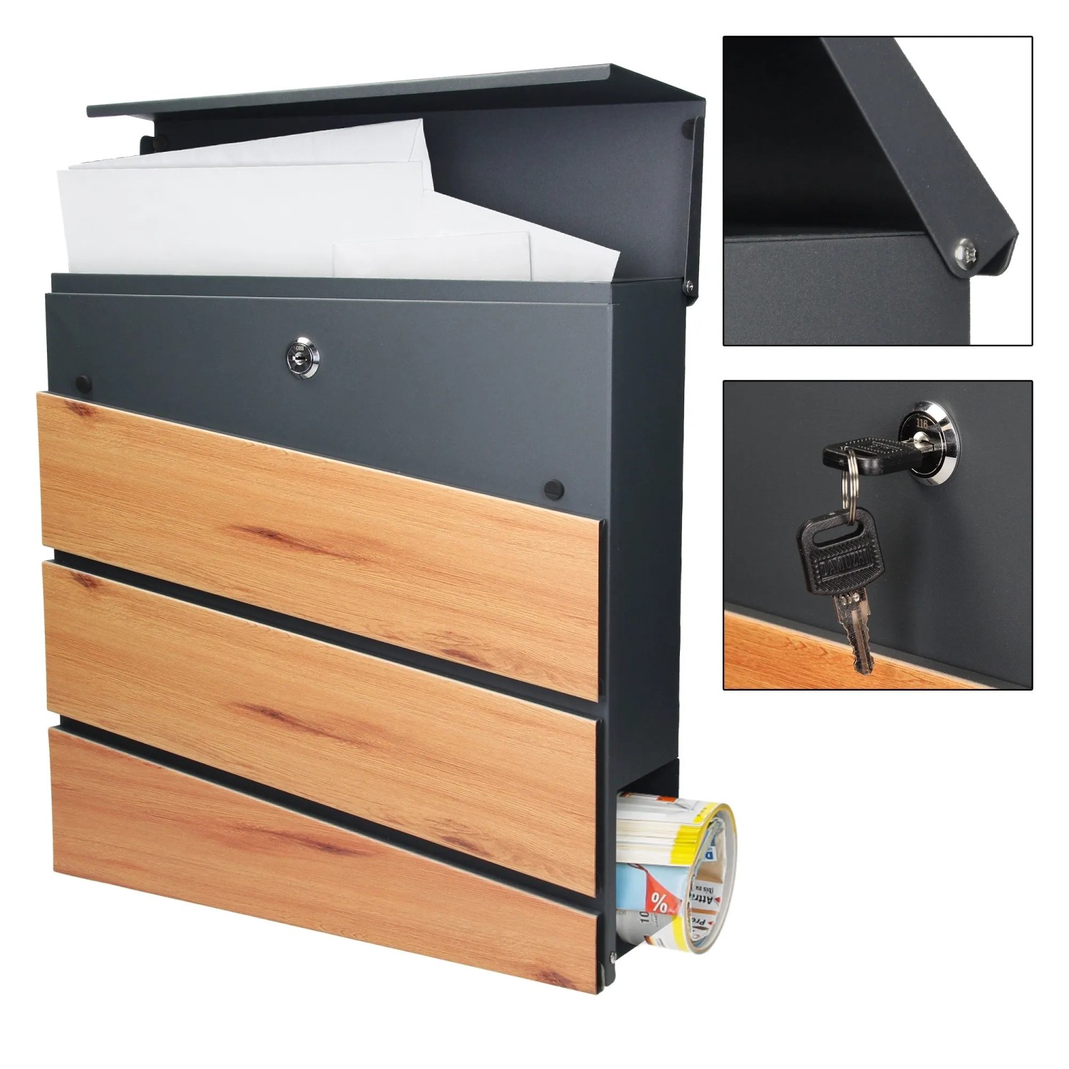 ML-Design Standbriefkasten mit Zeitungsfach und Pfosten, anthrazitfarben mit Holzoptik. Briefkastenanlage für den Außenbereich.