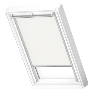 Weißes Velux Sichtschutzrollo RFL C02 1028S für Dachfenster, manuell bedienbar.