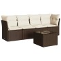 Braune 5-tlg. vidaXL Garten-Sofagarnitur aus Rattan mit cremefarbenen Kissen und Tisch.