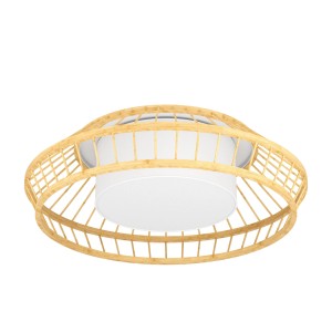 Eglo LED-Deckenleuchte Yuku-Z: Runde Bambusleuchte mit weißem Textilschirm, Ø 47 cm.