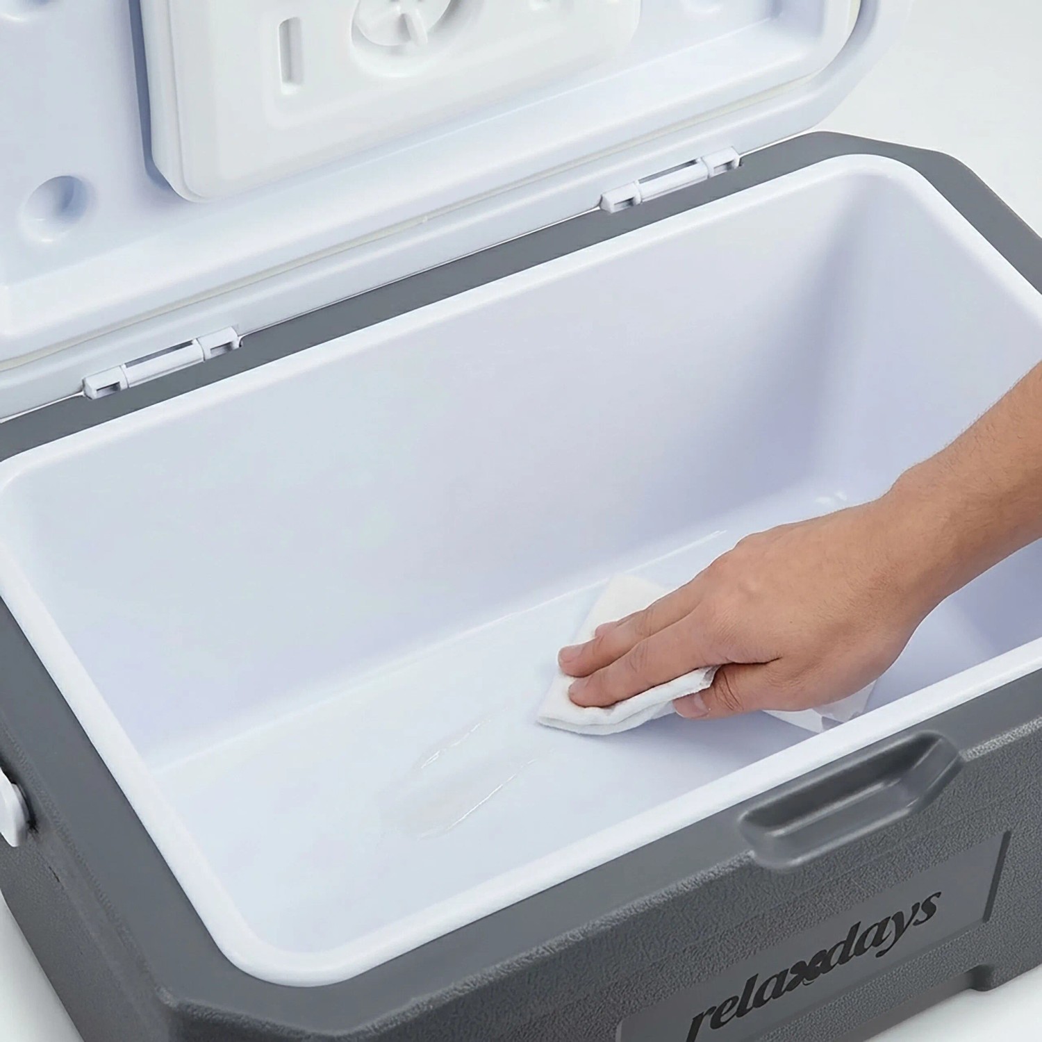 Offene Relaxdays Kühlbox, grau-weiß, wird innen mit Tuch gereinigt. 15 l Isolierbox aus Kunststoff für Camping.