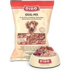 Dibo Hunde-Barf Ideal-Mix 2kg: Frostfutter mit Rind, Hähnchen und Innereien im Napf.