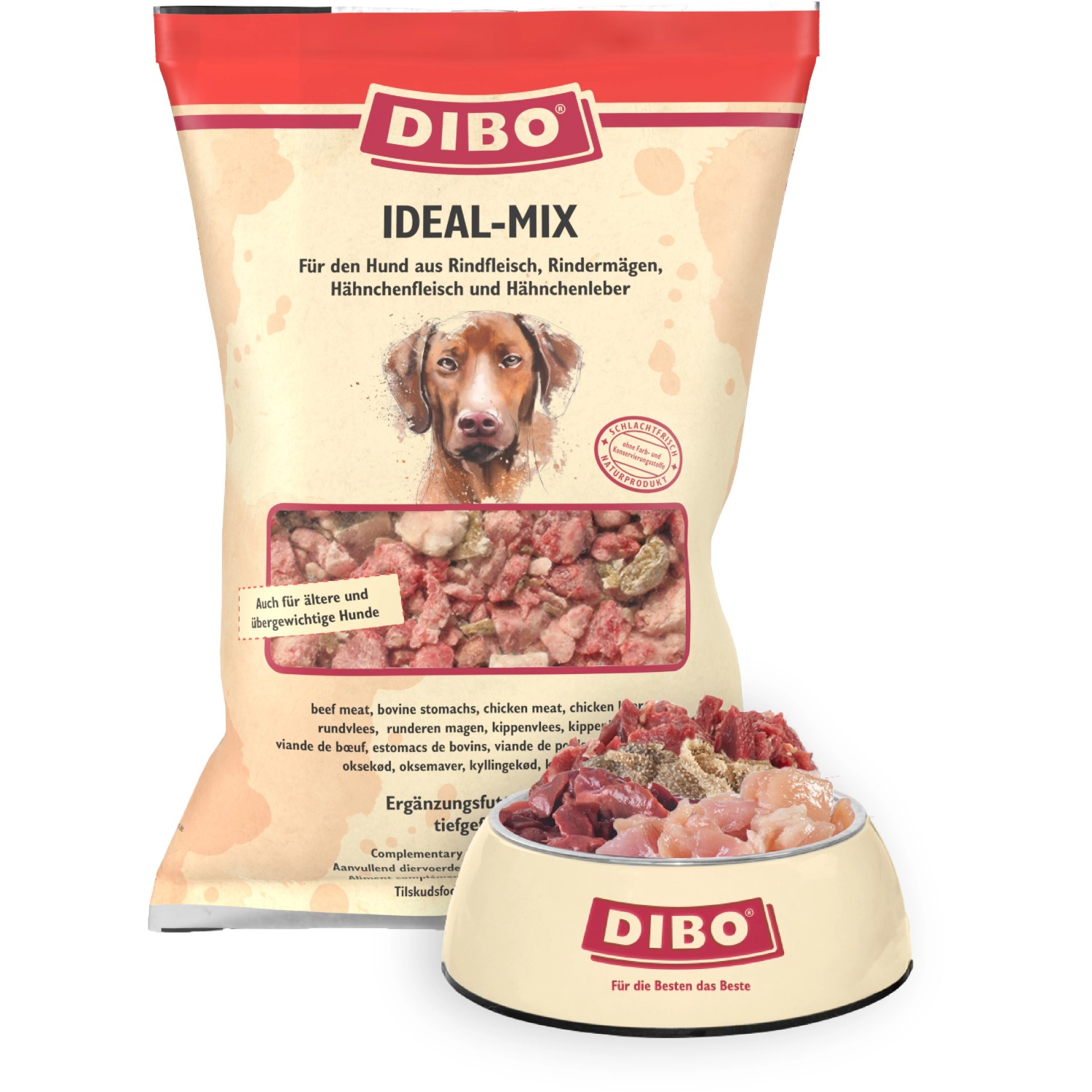 Dibo Hunde-Barf Ideal-Mix 2kg: Frostfutter mit Rind, Hähnchen und Innereien im Napf.