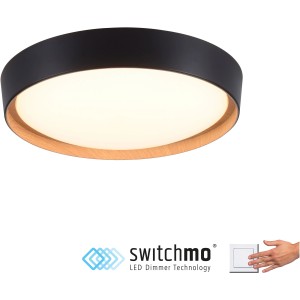 Moderne LED-Deckenleuchte Emilia, Ø 40 cm, schwarz mit Holzdekor. Dimmbar.