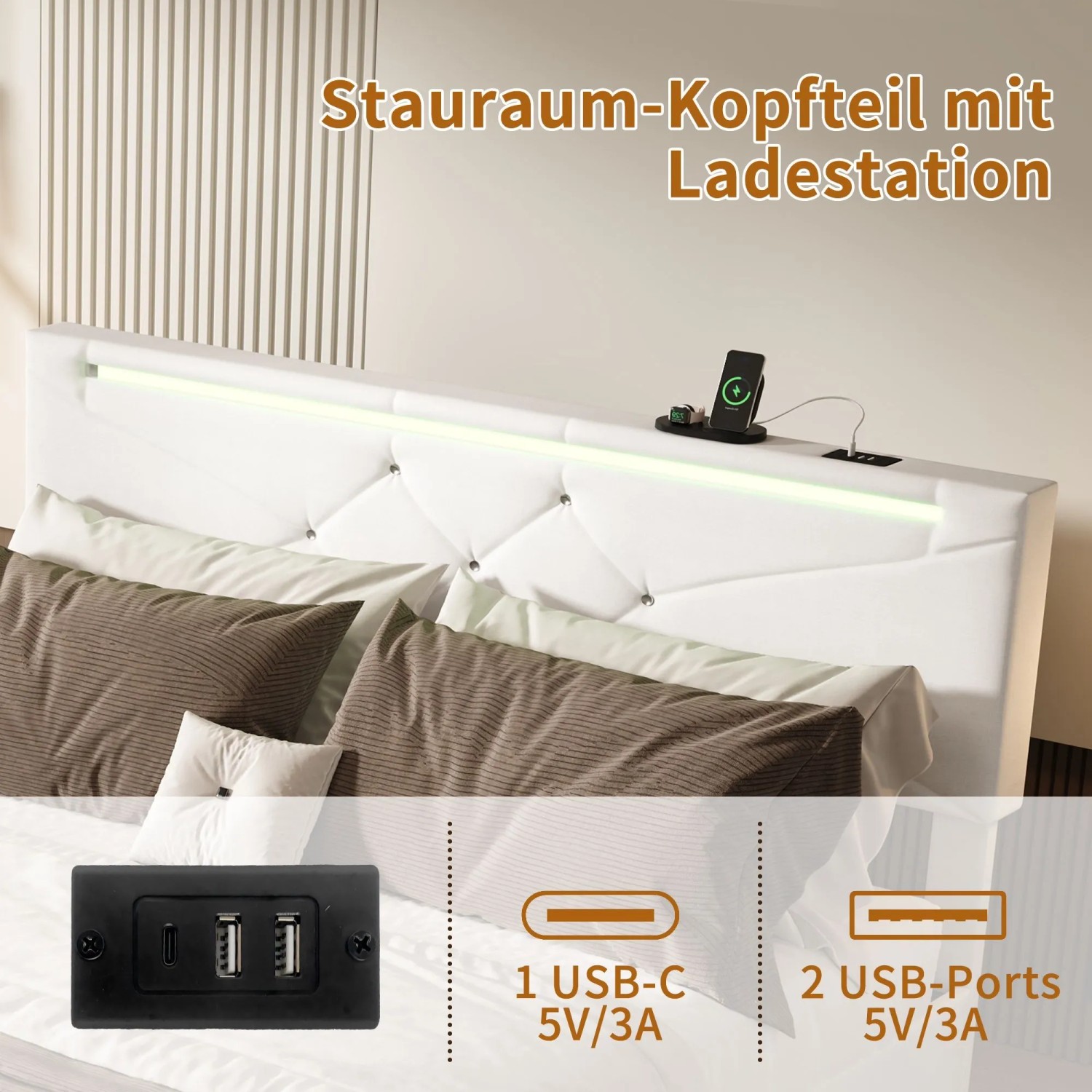 PXloue Polsterbett Doppelbett 140/200 mit LED USB Höhenverstellbares Kopfteil_5