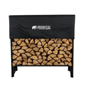 Schwarzes PROREGAL Kaminholzregal L mit Abdeckung, gefüllt mit Holzscheiten.