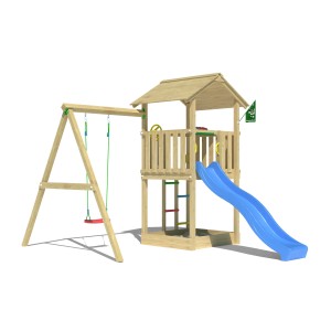 Jungle Gym Spielturm Beacon mit Schaukel und blauer Rutsche.