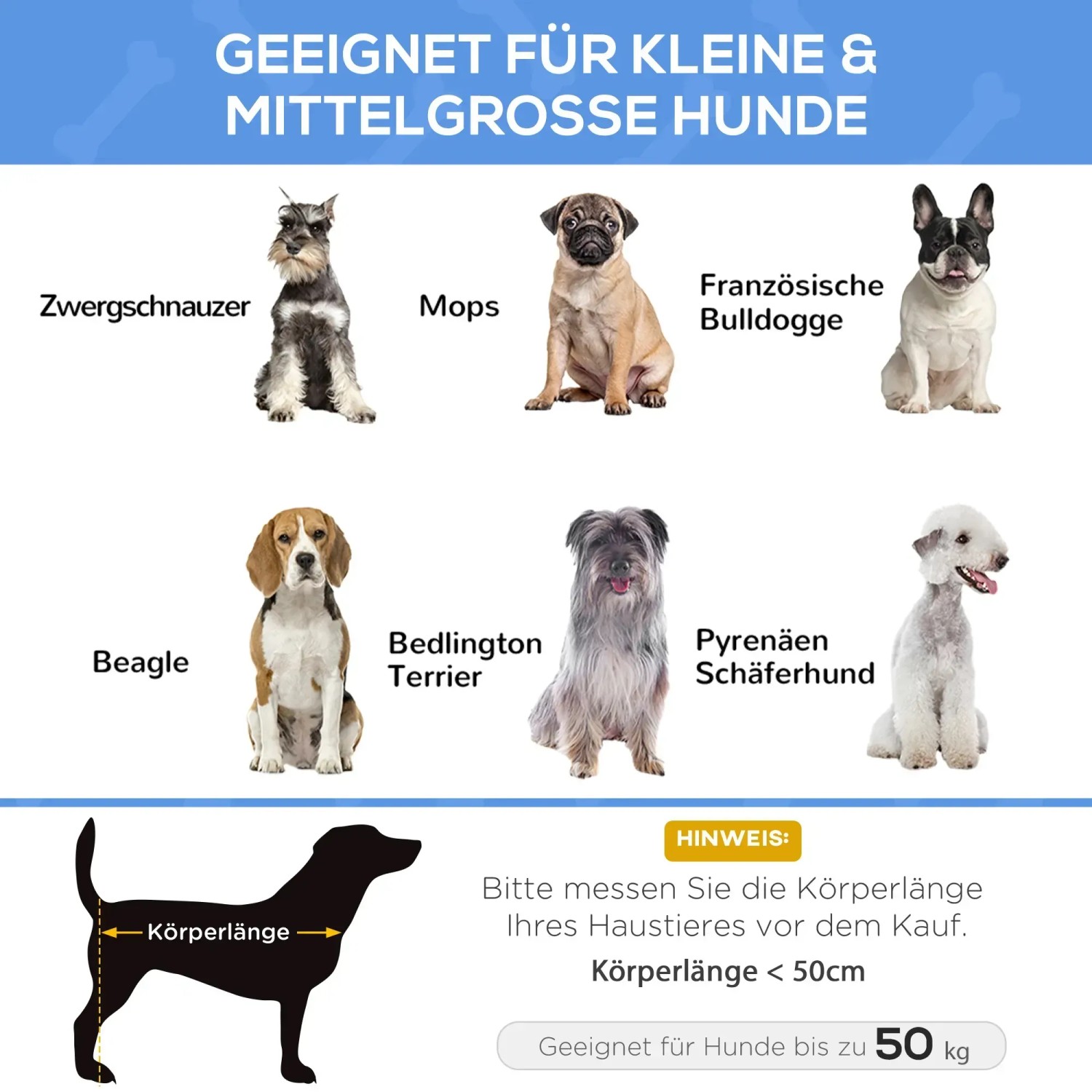 Geeignet für kleine & mittelgroße Hunde bis 50kg. Verschiedene Hunderassen im Überblick.