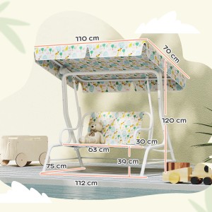 AIYAPLAY Doppelsitz Schaukelstuhl, weiß, mit Sonnendach und Teddybär. Kinderschaukel für Garten und Spiel.