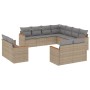 11-teilige Garten-Sofagarnitur aus Poly Rattan in Beige mit grauen Kissen.