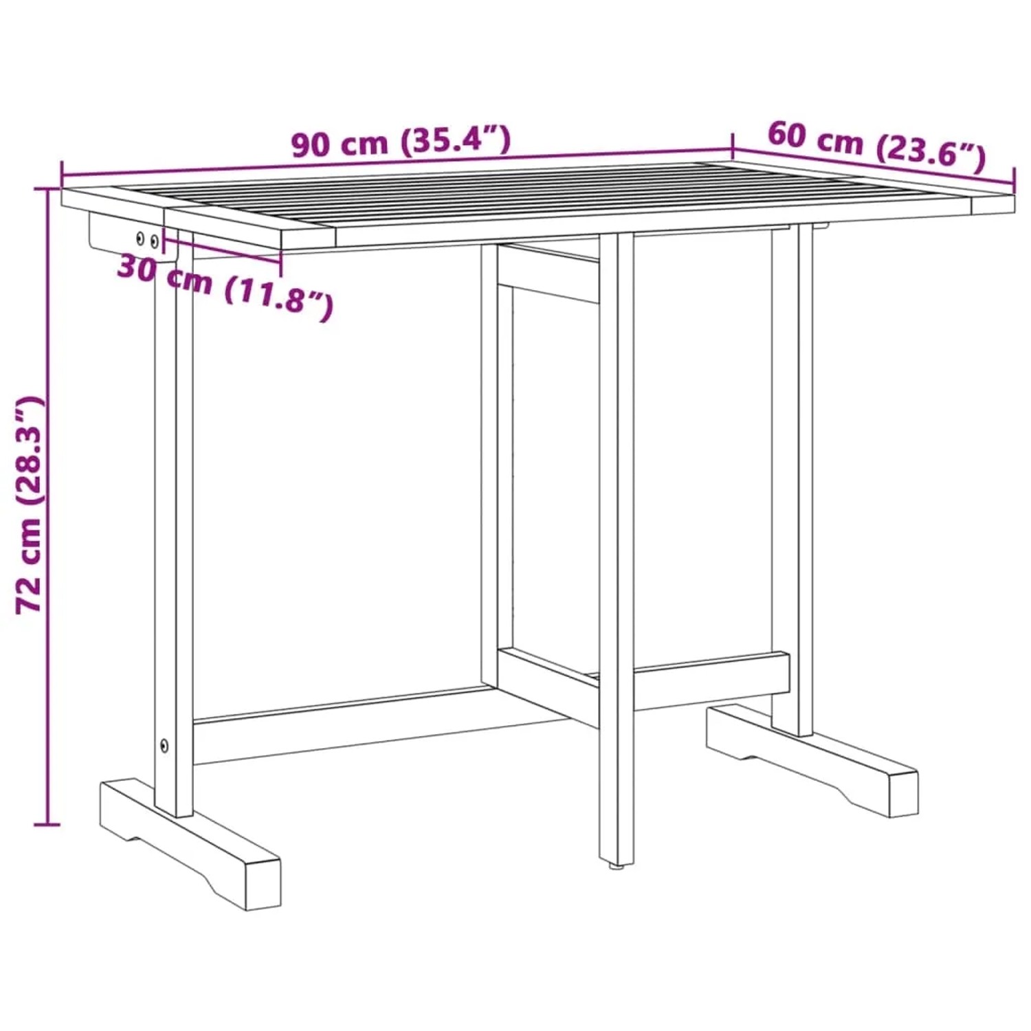 vidaXL Gartenmöbel Set, klappbar, Akazie massiv, Modell 7. Tisch mit Maßangaben.