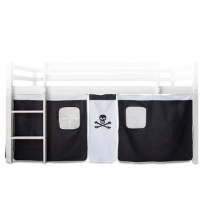 Schwarz-weiße Homestyle4u Bettumrandung Pirat für Kinderhochbett. 3-teiliger Baumwoll-Bettvorhang mit Totenkopf und Fenstern.