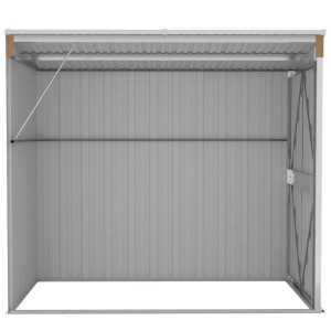 Innenansicht: Brauner Wand-Geräteschuppen aus verzinktem Stahl, leer.
