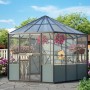 Vitavia Vogelvoliere Circus 9000, schwarzes Kunststoff-Gartenhaus mit Zeltdach und Blumen.