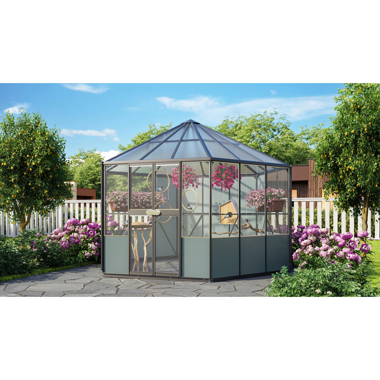 Vitavia Vogelvoliere Circus 9000, schwarzes Kunststoff-Gartenhaus mit Zeltdach und Blumen.