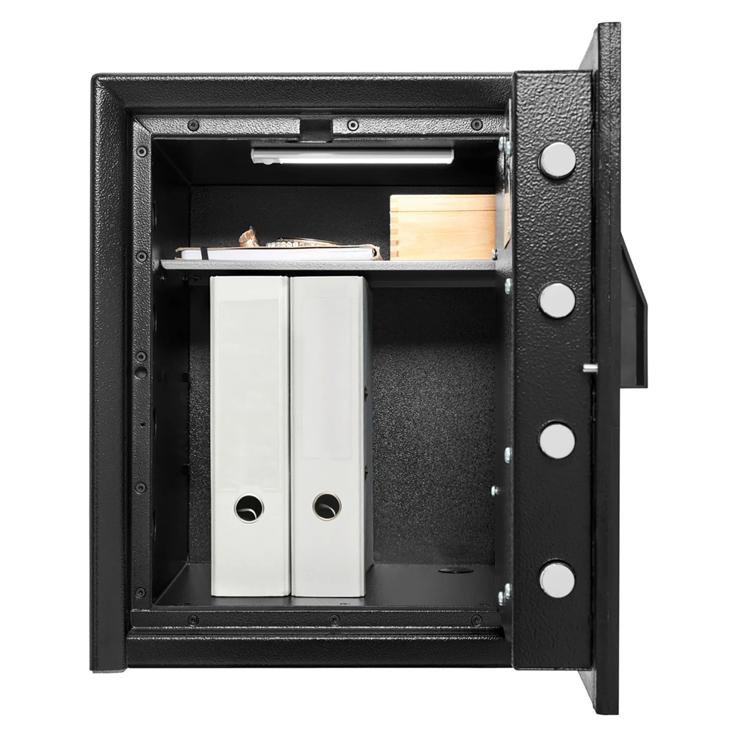 Offener, schwarzer Burg-Wächter Profi-Safe PRS 540 E mit Ordnern und Innenbeleuchtung.