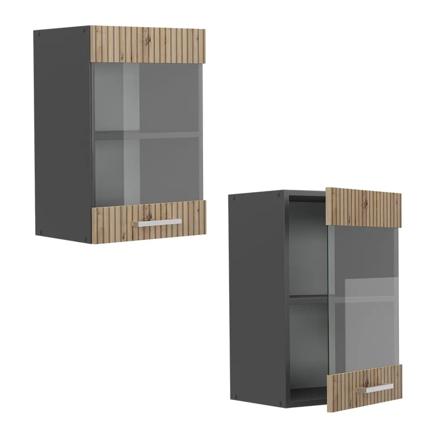 Vicco Küchenglasschrank R-Line, Artisan-Eiche/Anthrazit, 40 cm breit. Hängeschrank mit Glastür.