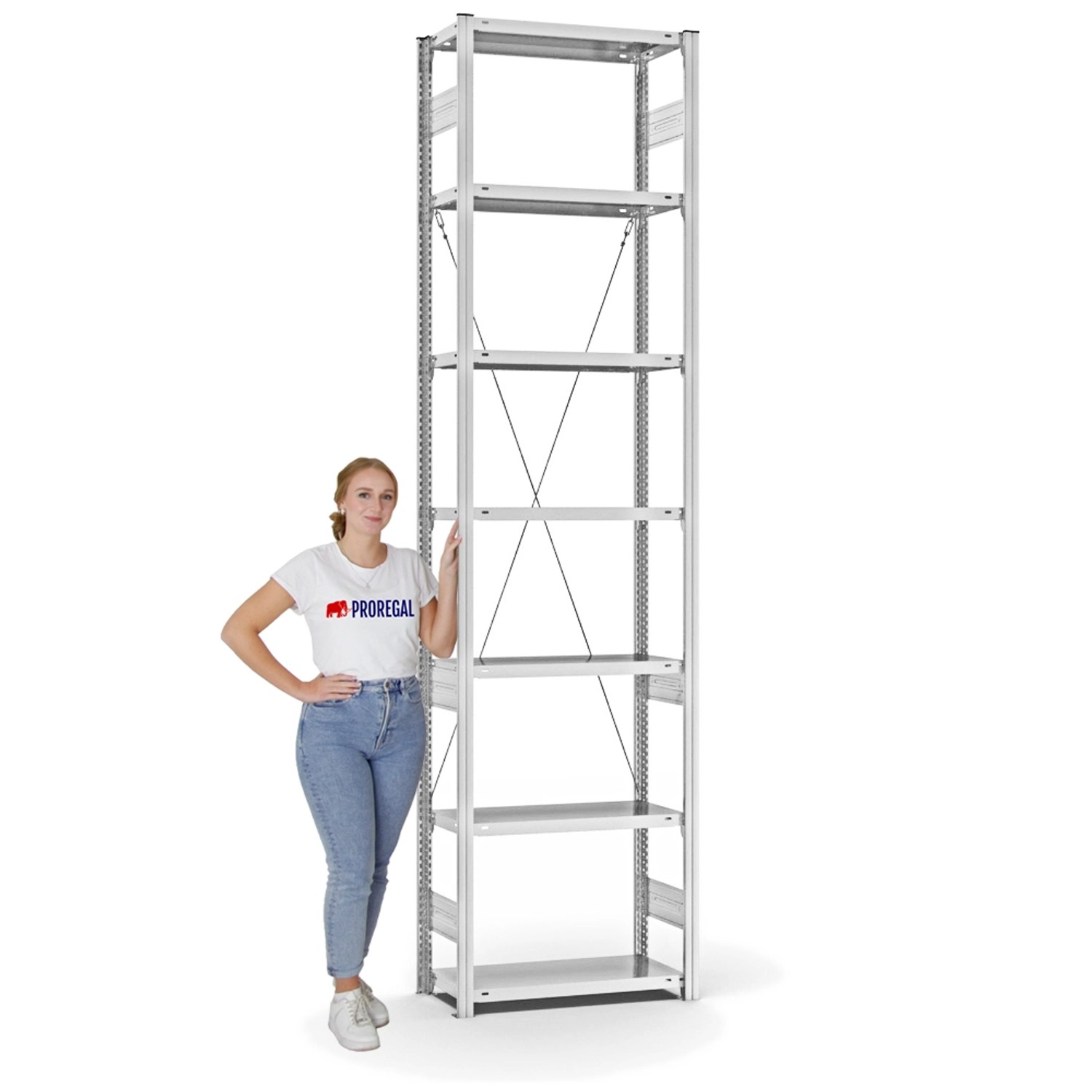 PROREGAL Fachbodenregal, Stecksystem, lichtgrau, 7 Böden, Fachlast 220kg, H300xB75xT30cm.