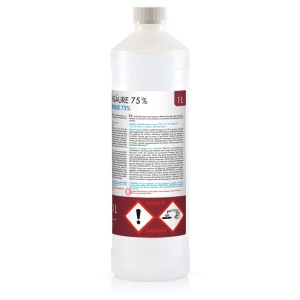 Flasche mit 1l Höfer Chemie Ameisensäure 75% in technischer Qualität.