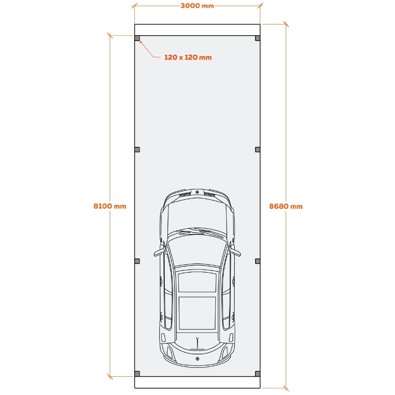 Skizze Einzelcarport Ralf: 300x868cm, Leimholz natur, Blechdach dornengrün. Ideal als Unterstellmöglichkeit.